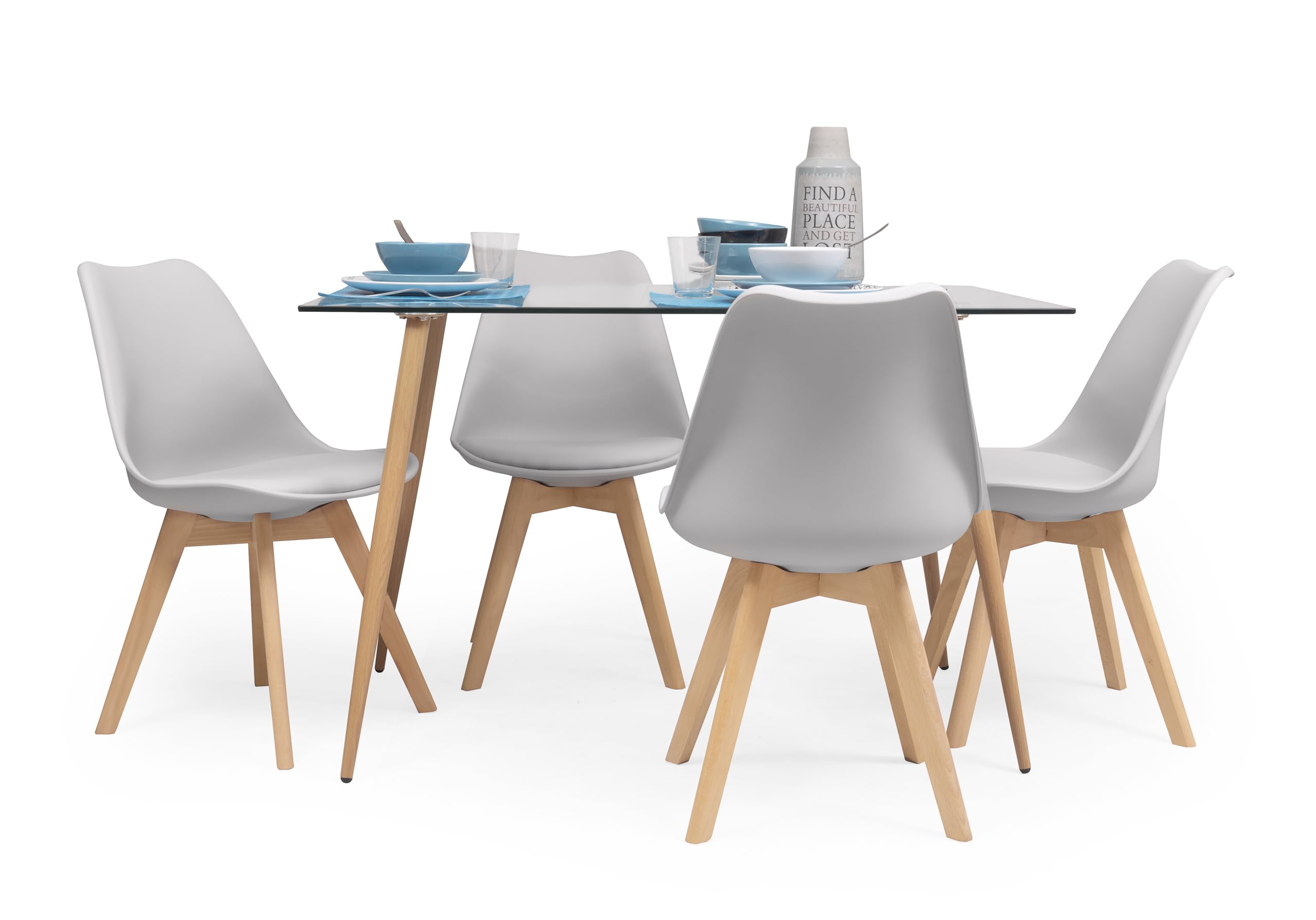 musashino LABEL Homely - Conjunto de Comedor Tower Day 120 con Mesa lacada Blanca de 120x80 cm y 4 sillas Day (Gris Claro)