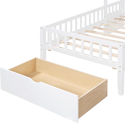 Miniatura 133 de RUNNA Marco de cama de madera de tamaño matrimonial con valla, para niños, adolescentes, niñas, niños, (Natural-Thinck 4col) Natural-Thinck