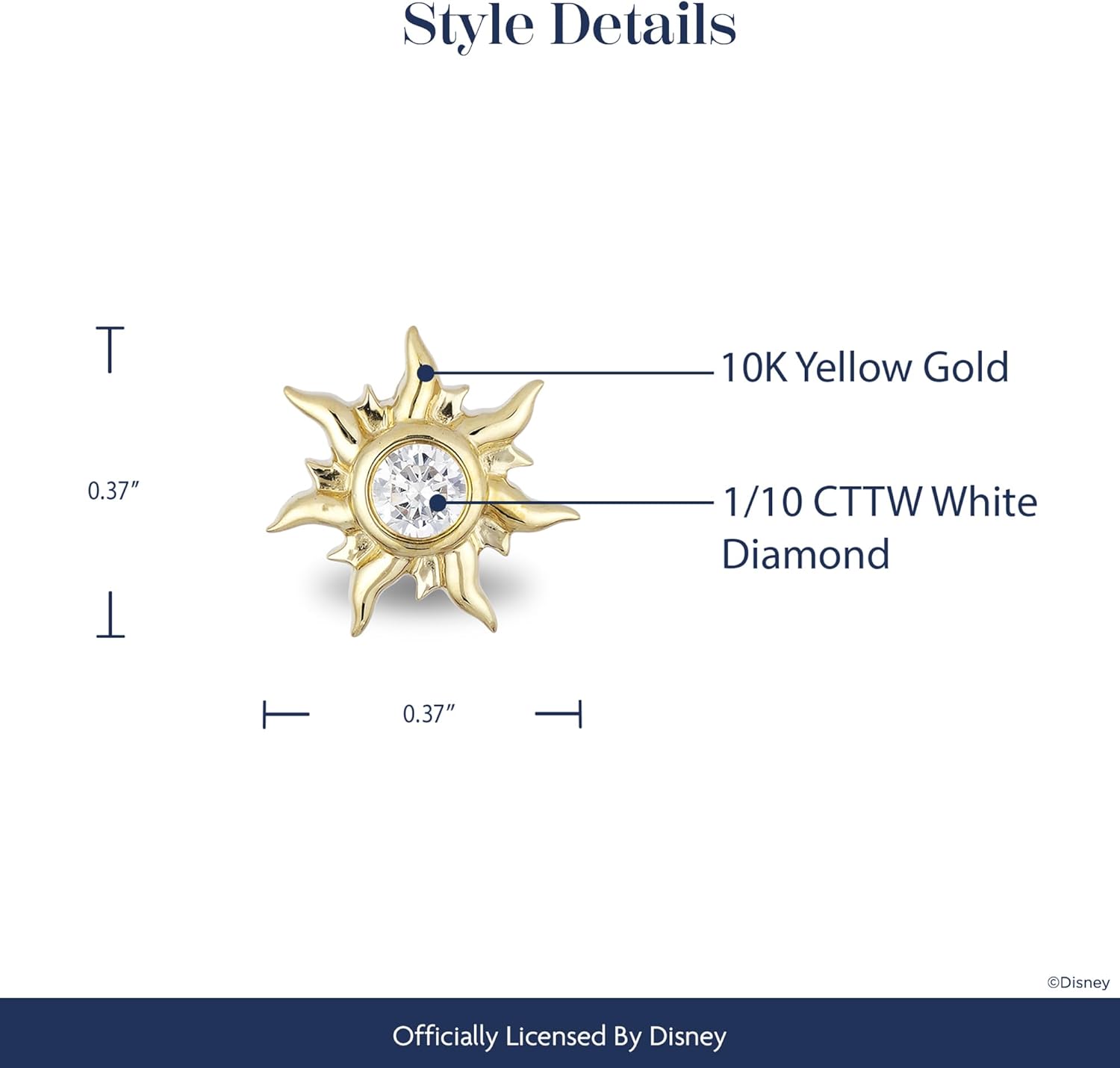 Jewelili Enchanted Disney Fine Jewelry Rapunzel Sun Blaze Earrings for Women | 10K Yellow Gold | 1/10 CTTW Natural White Round Diamonds | Push Back Studs | Princess Jewelry Gifts for Her