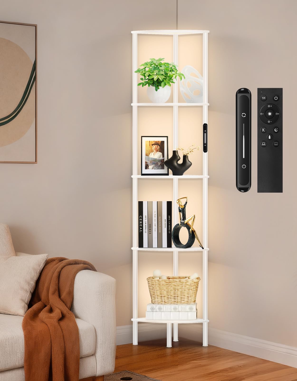 OUTONLIFE 5 Tier Floor Lamp with Shelves, LED Light, Touch & Remote Control, 3 Color Temperature, Dimmable Tall Corner Standing Bookshelf, Small Display Shelf for Living Room, Bedroom, Office(White) — image 1