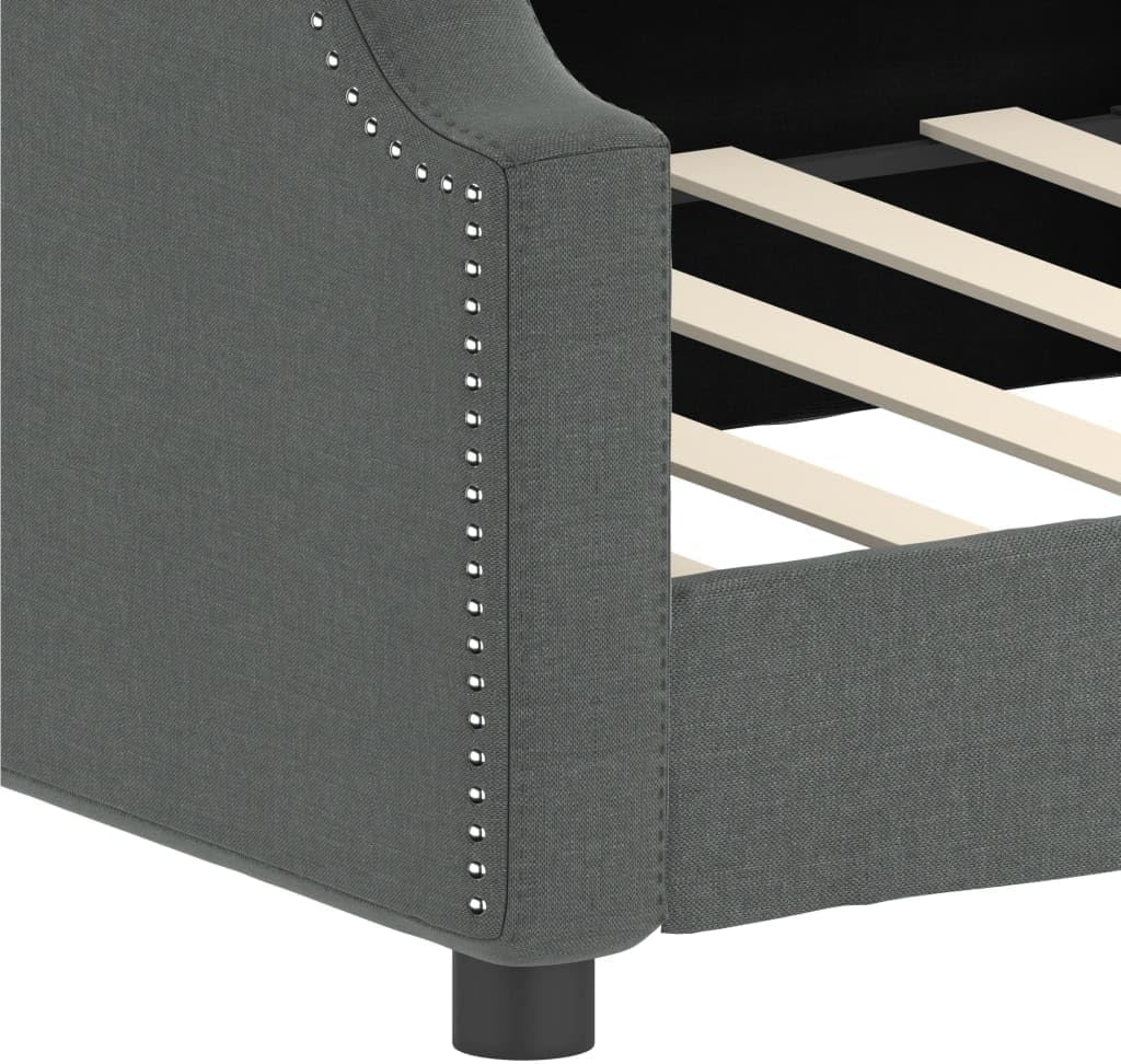 Day Bed Twin Size with Dark Grey Polyester Fabric, Solid Wood Frame, Metal Platform, Modern Minimalist Design, Durable Heavy-Duty Foundation for Bedroom Furniture, Easy Assembly