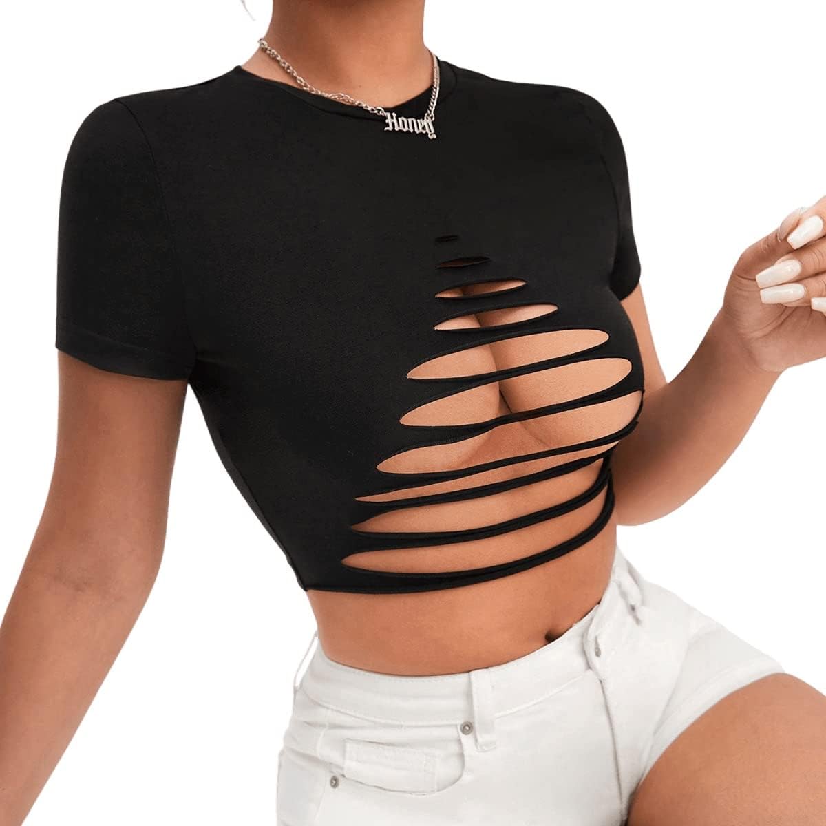 SweatyRocks Women's Sexy Cut Out Crop Ripped Tops Short Sleeve Round Neck Slim Fit Tee Shirt - Image 6