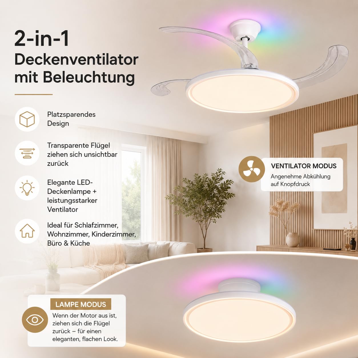 LED Deckenventilator mit Beleuchtung 50cm, Deckenlampe mit Ventilator RGB Hintergrundlicht, leiser Ventilator, APP & Fernbedienung, Sommer/Winter Modus für Schlafzimmer Wohnzimmer