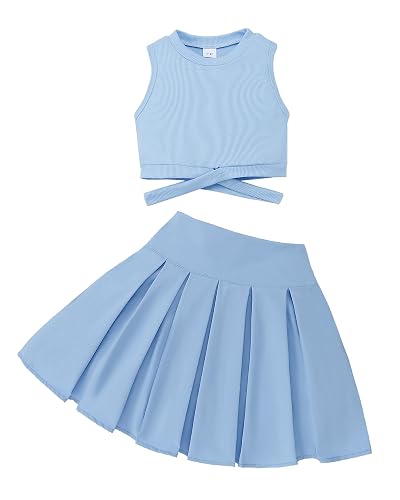 YOURUIKEY Cute Clothes for Girls Crisscross Crop Tank Top Pleated Skirt Tween Girl Trendy Summer Outfit Kid Clothing Set 7-14 - A-blue - 7-8Y