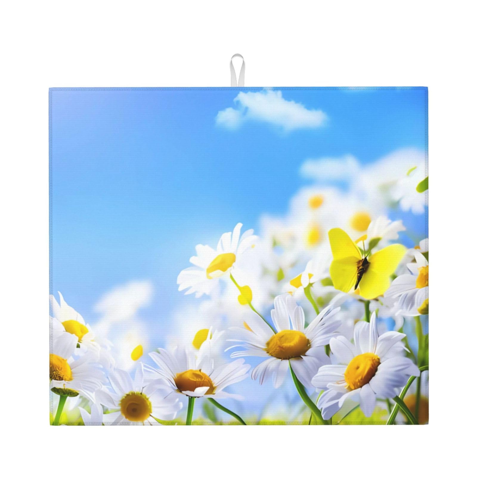 WHJSSF Butterfly On Daisy Prints Kitchen Drying Mat – Absorbent Dish Throw for Countertops, Quick-Dry Non-Slip Layer with Stylish Prints, Ideal Housewarming Gift