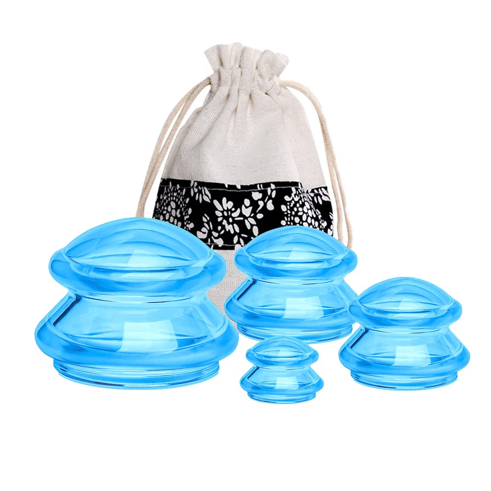 SKEIDO 4Pcs/Set Moisture Absorber Anti Cellulite Vacuum Cupping Cup Silicone Family Facial Body Massage Therapy (Blue)