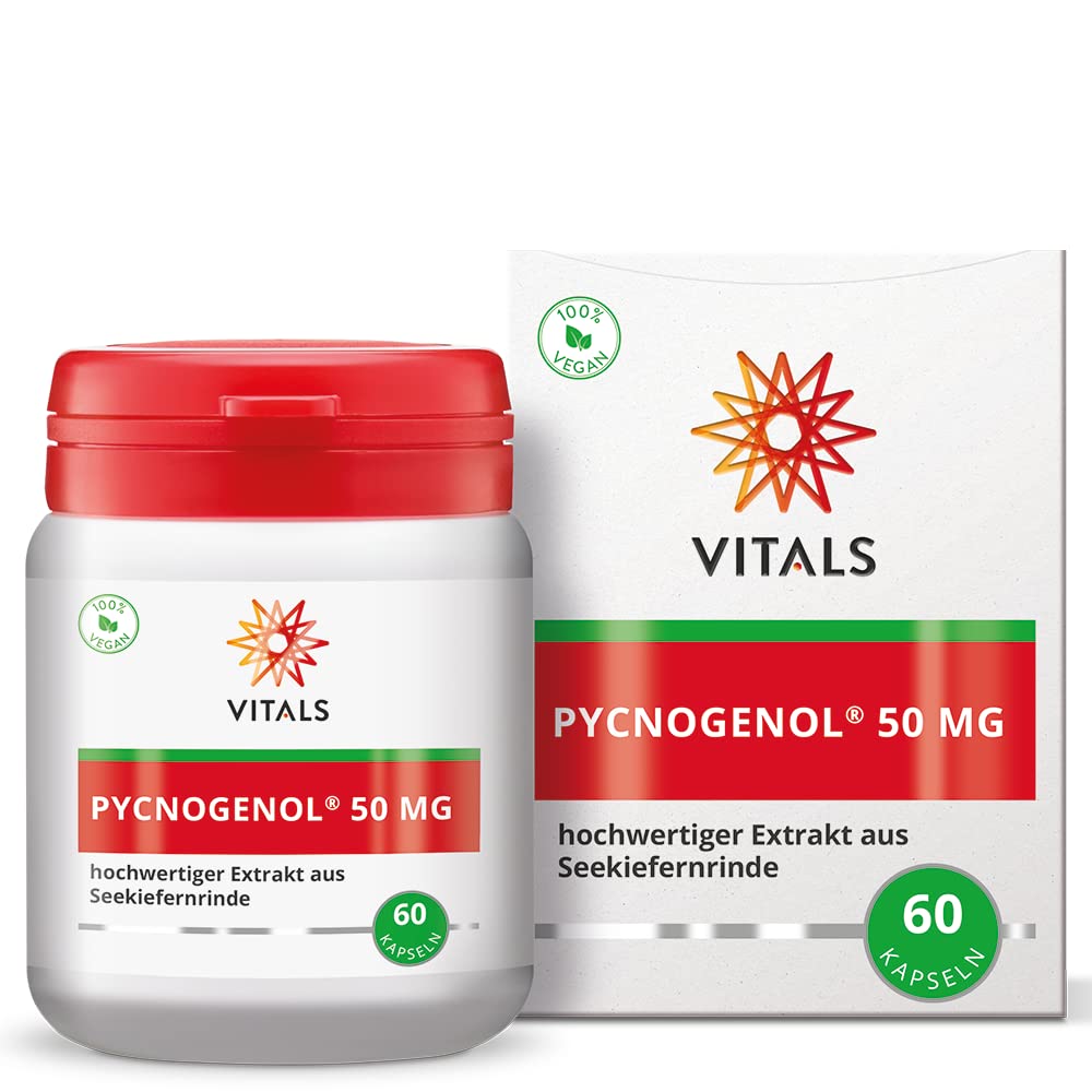 Vitals - Pycnogenol 50mg hochwertiger Extrakt aus Seekiefernrinde 60 Kapseln. 100% vegan. Sehr starke wissenschaftliche Basis. Das Pycnogenol hat eine starke antioxidative Wirkung.