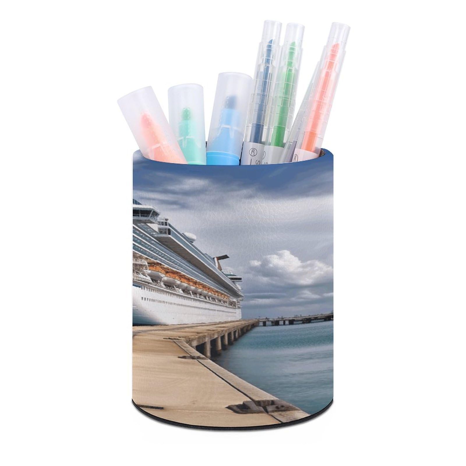 VstaDank Cruise Ship Pen Holder Leather Pencil Cup Round Pencil Holder for Desk Organizer Personalized Pen Cup Fashion Pen Organizer Makeup Brush Holders for Office Home&Gift