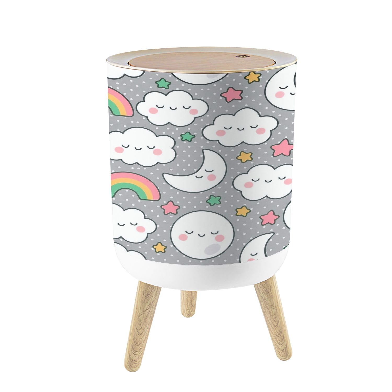 Small Trash Can with Lid Moons Clouds Rainbows Stars Cute Seamless Cartoon Nursery for Kid 1.8 Gallon/7L Garbage Can Waste Bin with Press Top Lid Legs Waste Basket for Bathroom Kitchen Bedroom