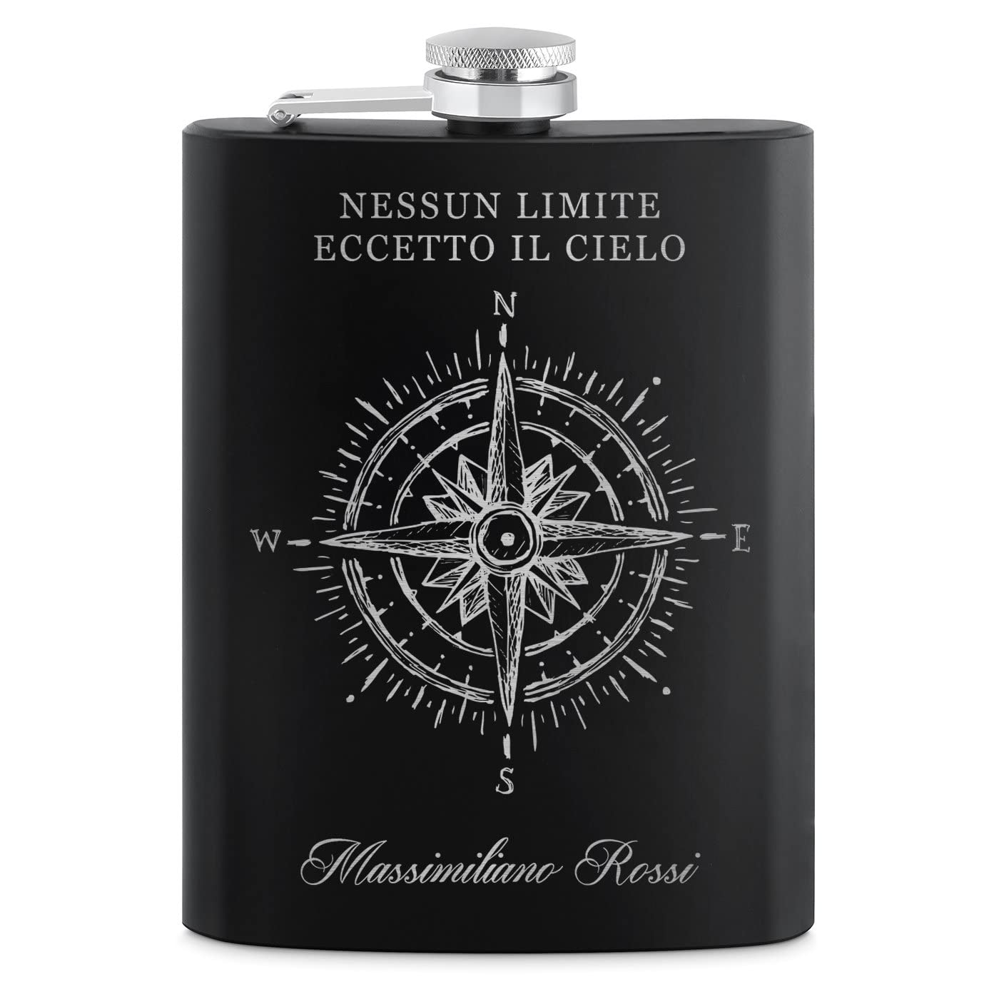 Fiaschetta nera in metallo - 200ml - 4 bicchieri e mini imbuto - incisione personalizzata - in acciaio inossidabile - dimensioni 15,5cm x 9,5cm - pensiero per uomo - bussola