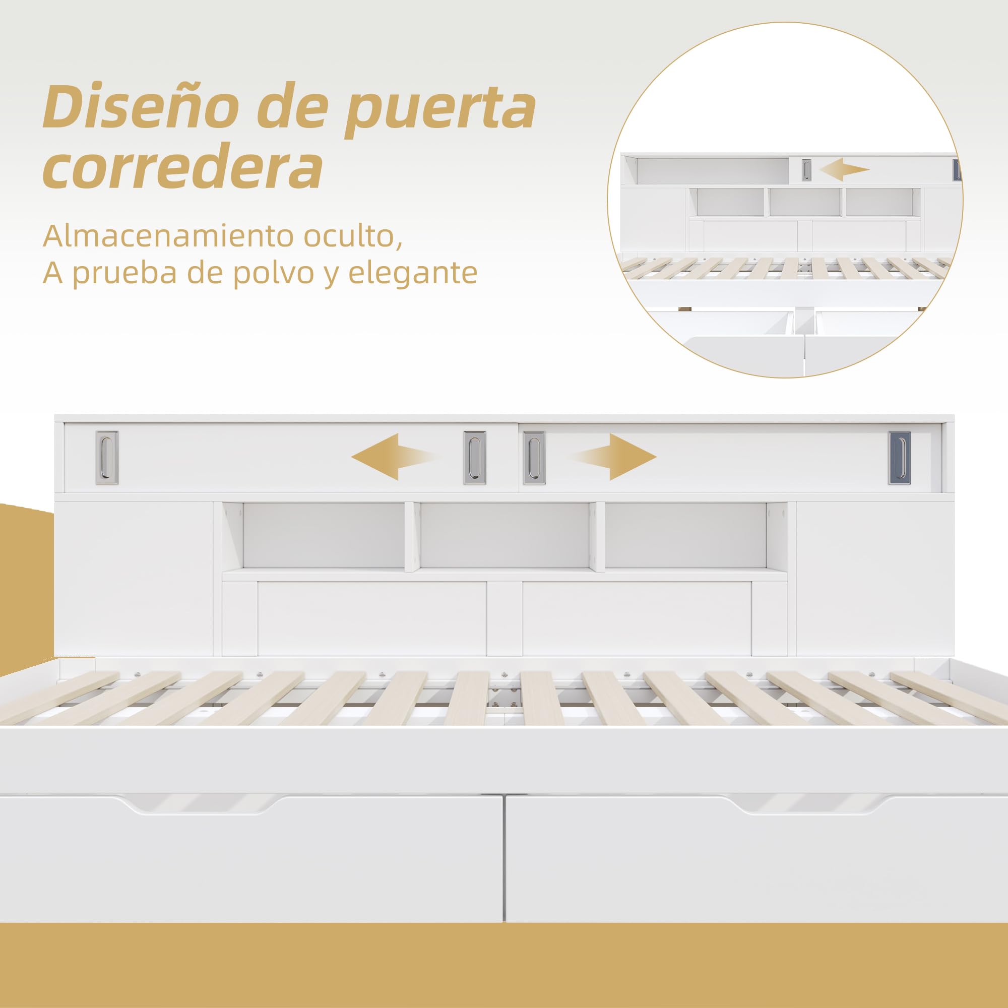 LAKFEW Cama Individual 90x190 cm Cama Infantil con 2 Cajones y Almacenaje Oculto en Puerta Corredera, Camas Juveniles con Estante Ajustable, Somier de Madera, Blanco, Sin Colchón