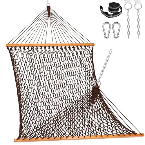 Lazy Daze Hammocks Double Rope Hammock 2 Person Traditional Outdoor Hand Woven Cotton Rope Hammock with Spreader Bar Carabiners Tree Straps Chains for Patio Yard - Max 450 Lbs Dark Brown