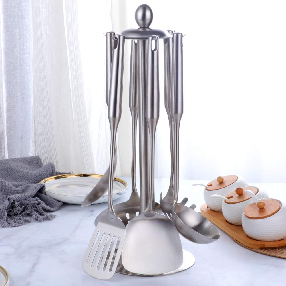 Ustensiles de cuisine 6 pièces acier inoxydable Écumoire Louche Spatule de Cuisine Tourneur à fente Riz Pasta Server avec support