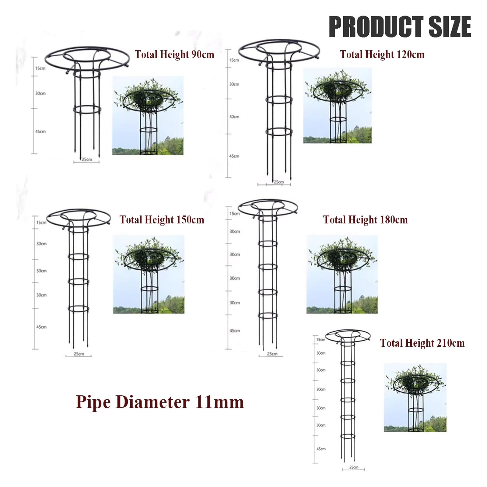 Treille de Jardin Vertical pour Plantes Grimpantes - 210 cm - Support en Métal Inoxydable pour Glycines, Roses & Vignes - Support Floral Extérieur Durable avec Parasol (Noir)