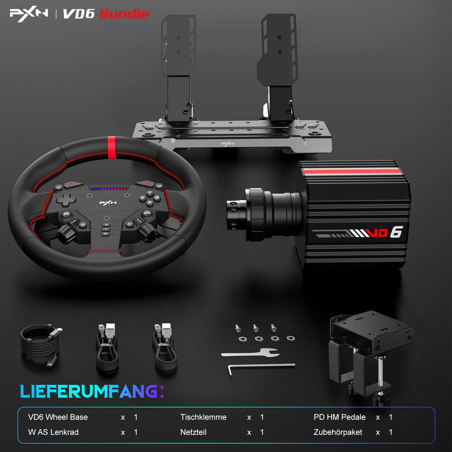 PXN VD6 Gaming Lenkrad Bundle – Direct-Drive-Rennlenkrad-Set mit 6 Nm Servomotor-Basis, W AS Gaming-Lenkrad (28 cm), PD HM 2-Pedal und Tischklemme – Sim-Racing-Set für PC