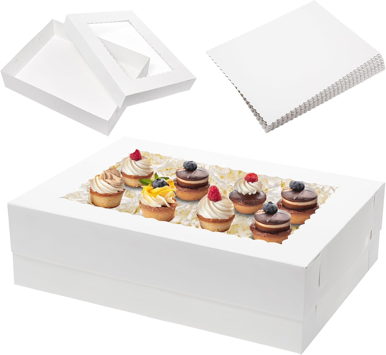 10pcs 19x14x5 half sheet cake boxes with 10pcs cake boards rectangle 1/2 sheet bakery boxes with window for pastry baking cake, cupcakes, donuts, cookies, pie treat packaging white large