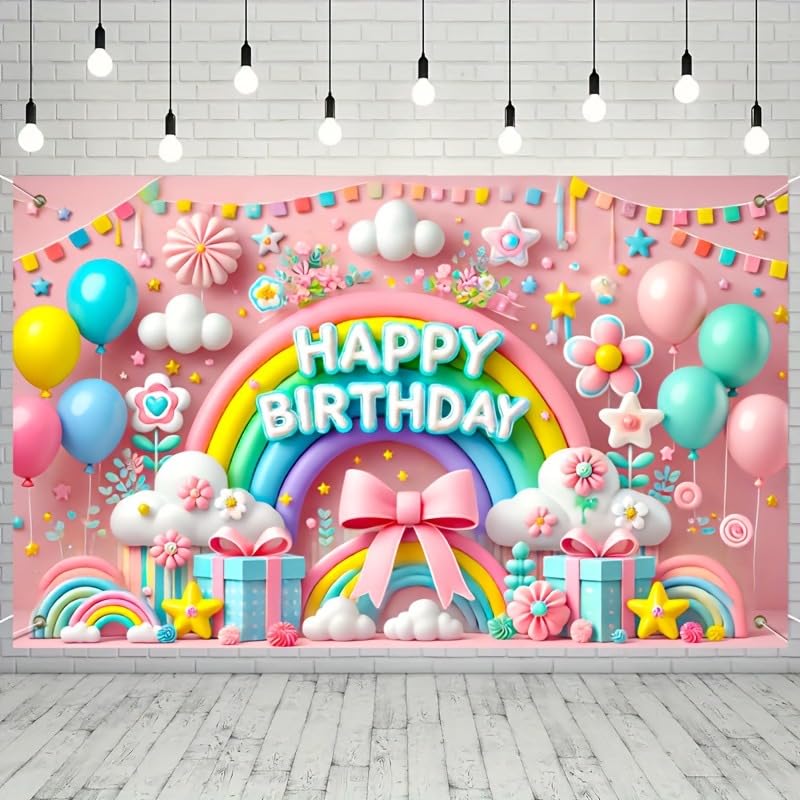 Dreamy Pink Birthday Banner 3D Cloud Balloon and Gift Theme Happy Birthday Backdrop Banner Birthday Background Party Decoration