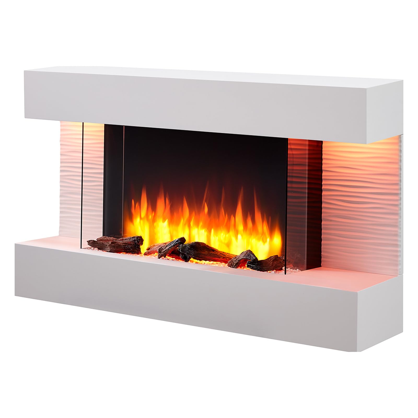 FLAMME 43 inch Wall Mounted Electric Fireplace and Surround, Kingston White | Standard Insert, 2kW Heater (1000W/2000W), 3 Flame Colours, 13 Fuel Bed & Mood Light Colours, 7-Day Timer, Remote Control