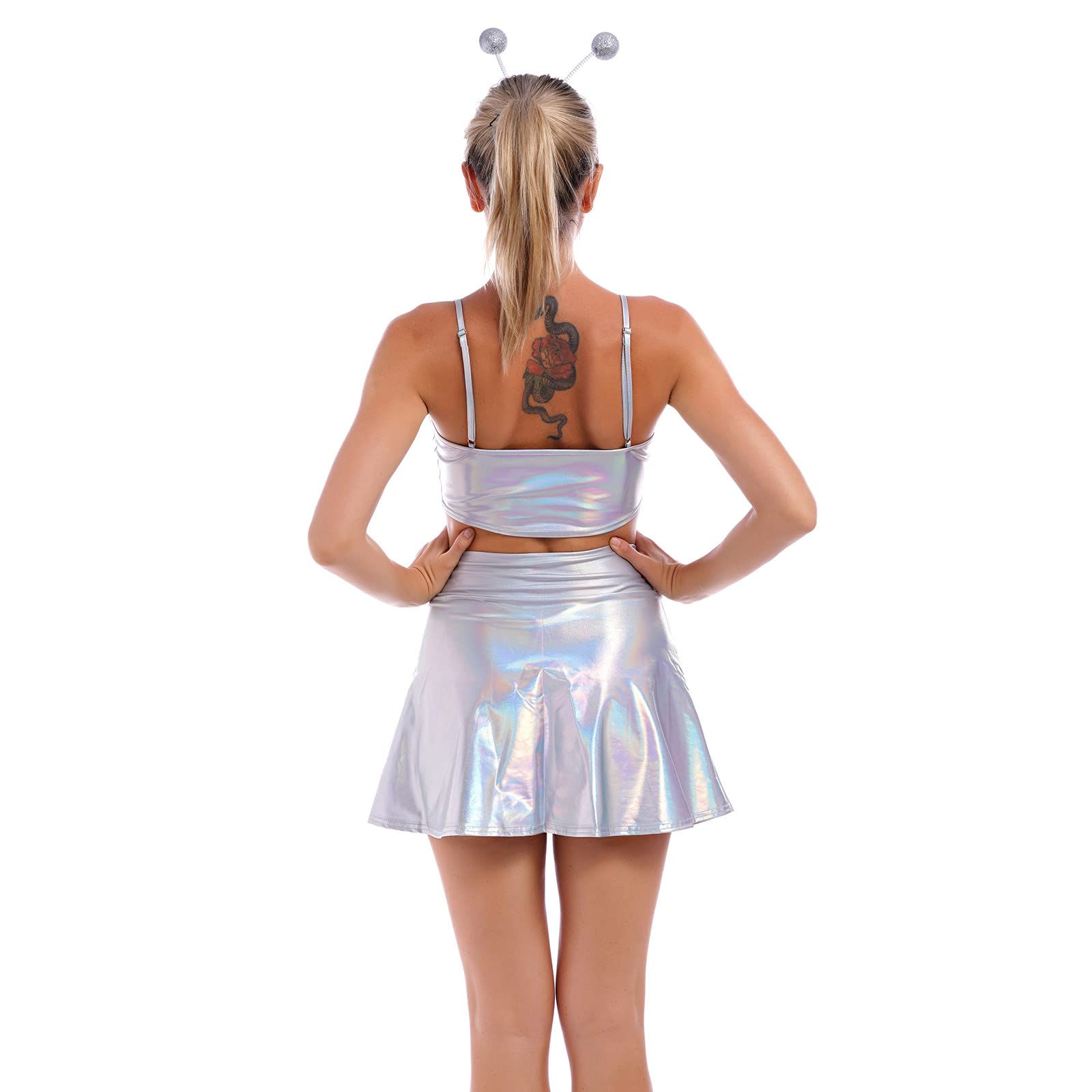 IBAKOM Conjunto de 3 piezas de trajes de alienígena para mujer, manga brillante, minifalda acampanada, diadema, festival musical, escenario, cóctel, 70 y 80, vestido de fiesta