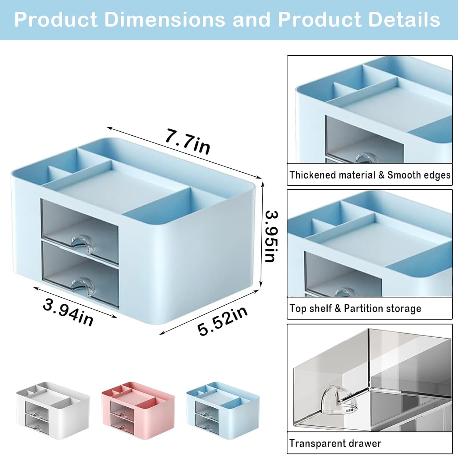 Zeinwap Organizer da scrivania multifunzione con 5 scomparti e 2 cassetti, per scrivania, articoli di cancelleria, cosmetici, penne, pinzette, foglietti adesivi, colore: blu