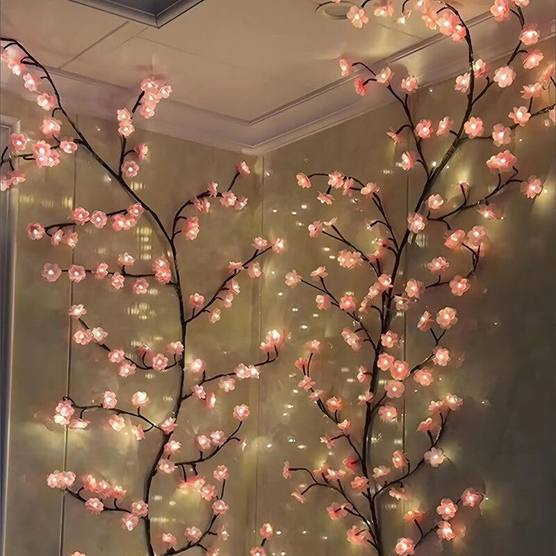 LED Kirschblüten Zweige Lichter, Kirschblüten LED Wand, Sakura Vine Wand Deko, Warmweiss Rattan Lichterkette Wanddeko mit Fernbedienung für Schlafzimmer Deko Weinachtsdeko (72LEDs, 1.6Meter) – Bild 4