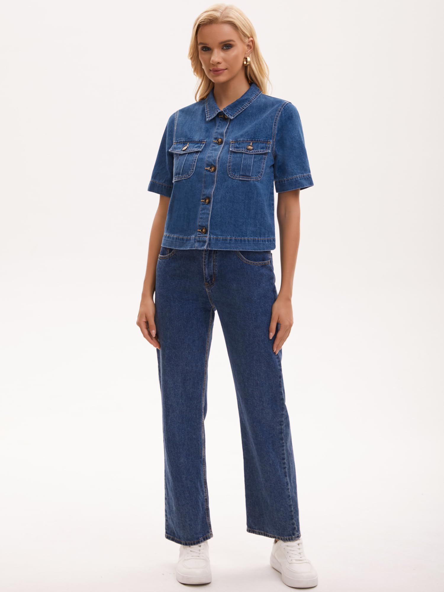 Damen Jacke Kurze Jeansjacke Knopfleiste mit Taschen Lässiges Kurzarm Denimhemd