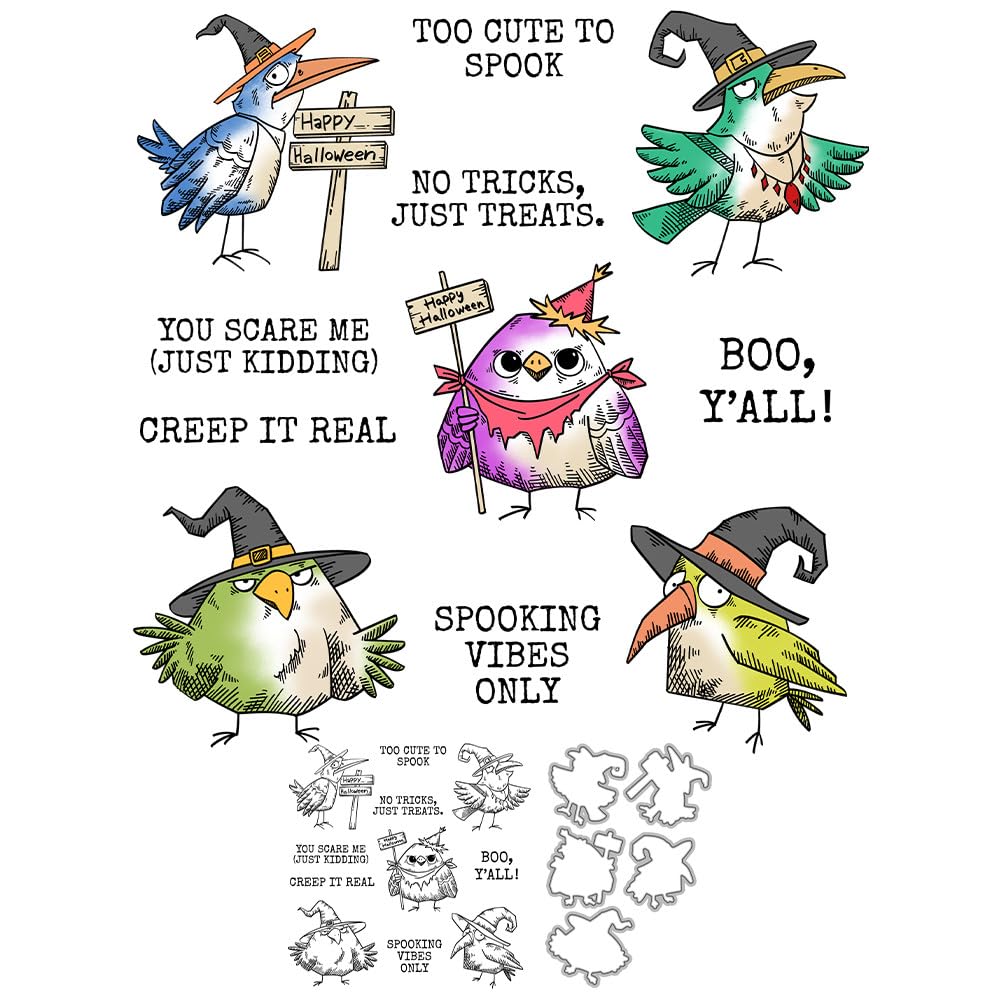 Halloween Bird Stamps and Die Cuts for Card Making Magic Hat Animal Transparent Silicone Clear Stamp and Metal Cutting Dies Sets for DIY Scrapbooking Paper Crafting Seals Decorative Supplies
