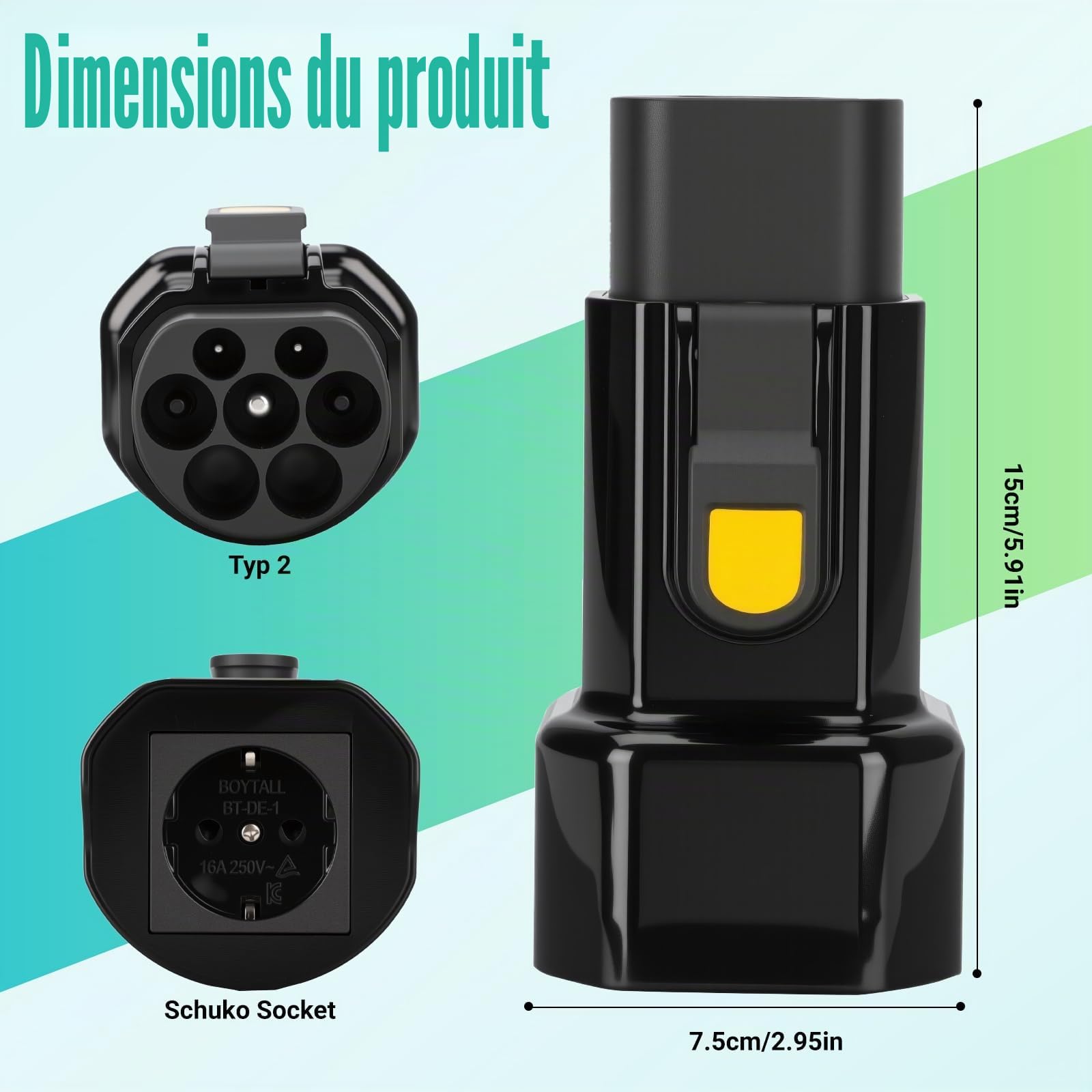 Azyvum Adaptateur de type 2 vers Schuko pour borne de recharge, station de décharge de type 2, 220 V, 16 A, 3,5 kW, adaptateur de prise Schuko pour scooters, fauteuils roulants électriques, vélos