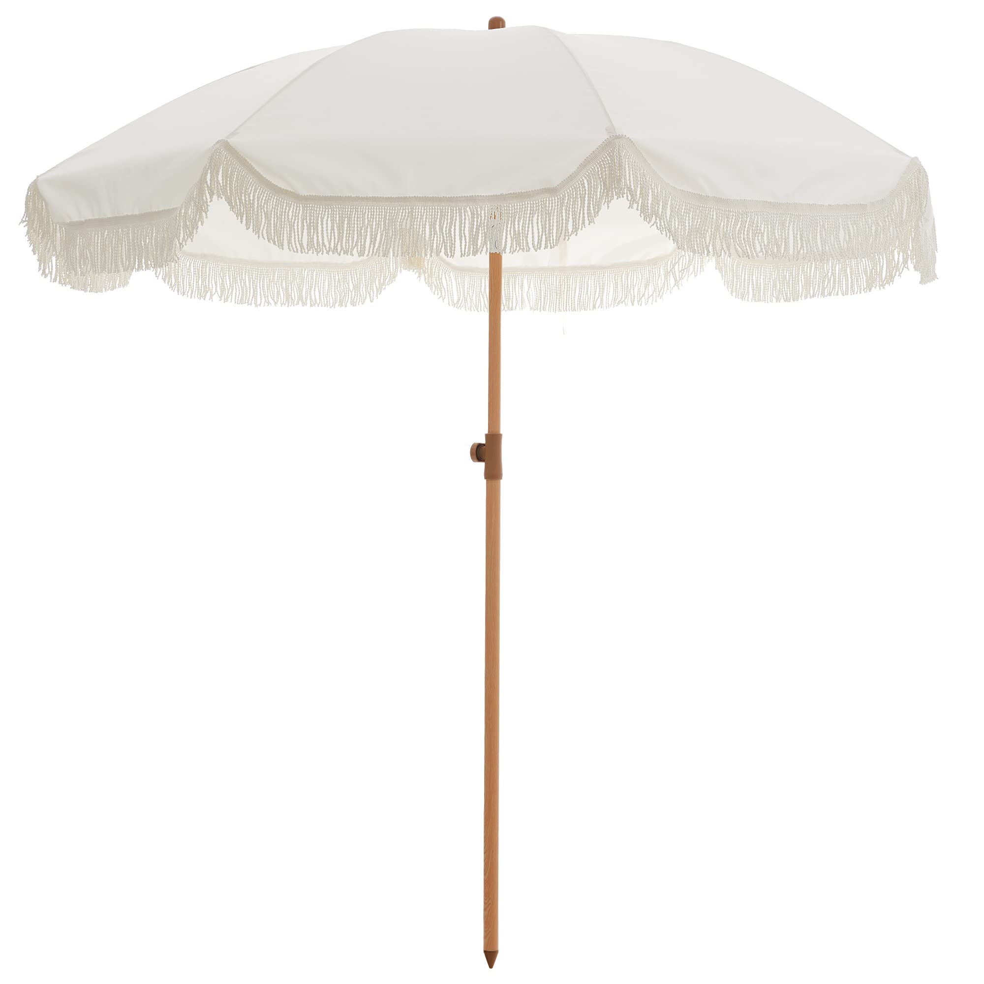 Kbrellaoutlets 7ft Patio Umbrella, Outdoor Umbrella, UV 50+ Protection, Beach Umbrellas for Sand with Fringe, Wood Grain Aluminum Pole, 8 Ribs, Push Button Tilt, Garden Pool, Cream