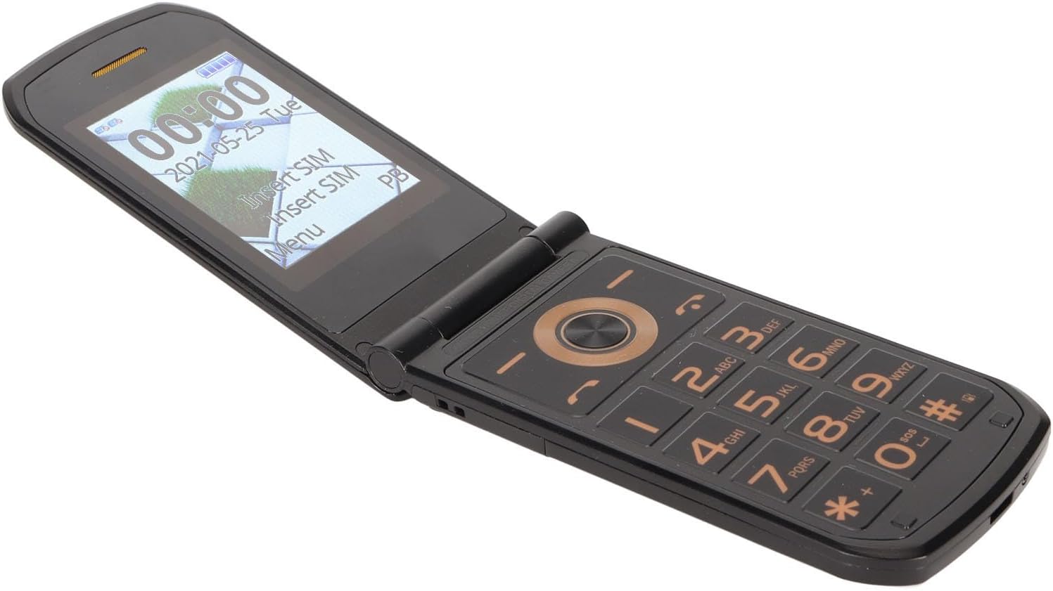 Yunseity 4G Unlocked Flip Design Senior Cell Phone, open with screen displaying time and 'Insert SIM' message.