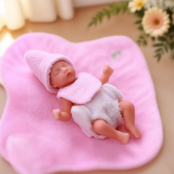 BABESIDE Mini Silicone Baby Dolls, 3 Inch Realistic Newborn Baby Dolls Full Silicone Sleeping Little Mini Real Life Baby Girl Miniature Baby with Playset Accessories(Pink)