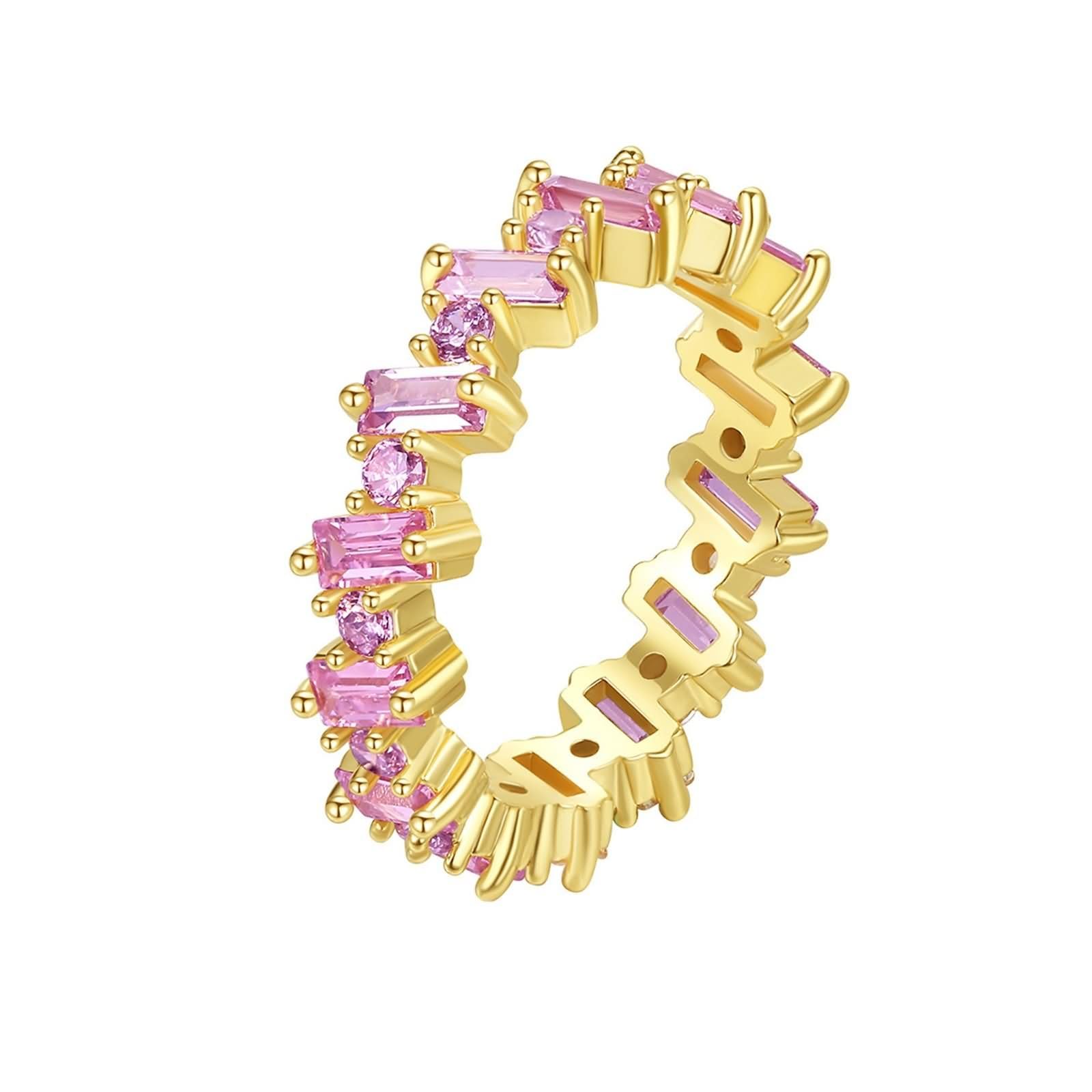 Beydodo Anillo Matrimonio Oro Amarillo 9 14 18Kilates Mujer con Rectángulo y Redondo con Cristal Rosa, Anillo Oro de Mujer Alianza