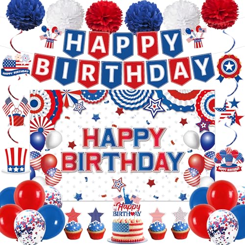 Holkcog 4th of July Patriotic Decorations Red White Blue Happy Birthday Banner Cake Topper Pom Poms Hanging Swirls for Memorial Day Party Supplies Red Blue White Veterans Labor Presidents Flag