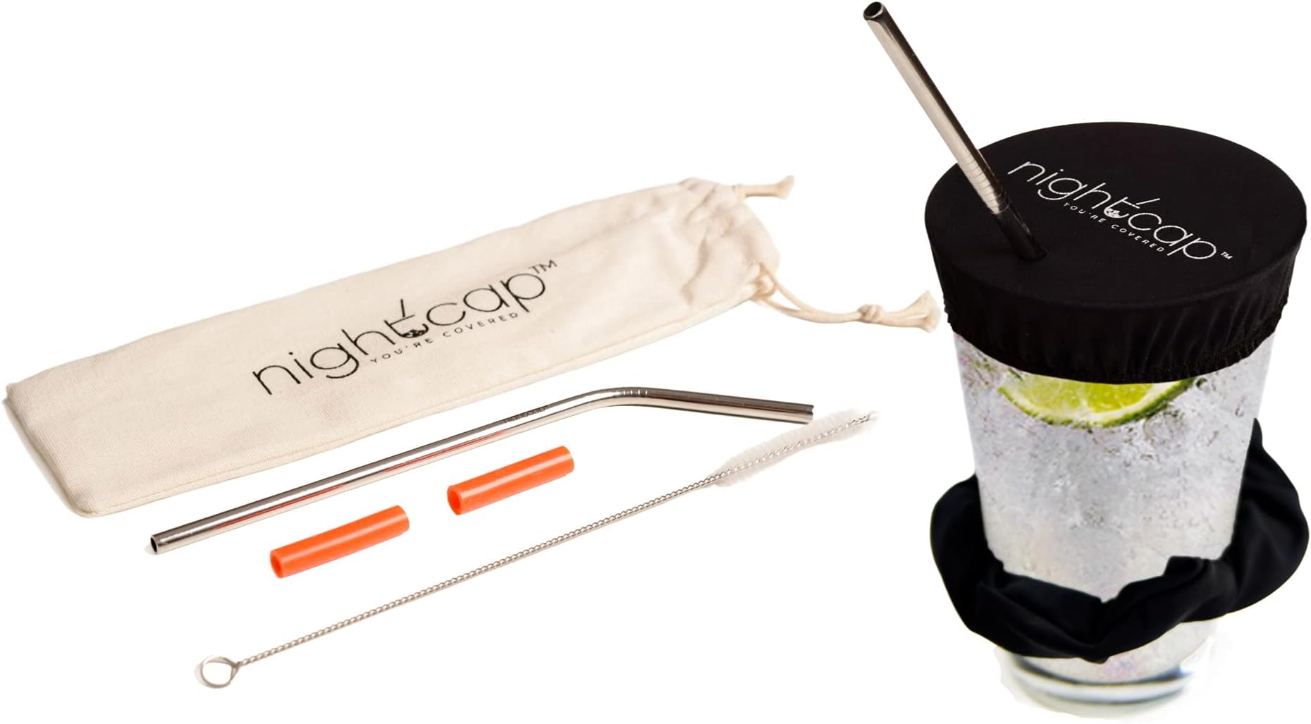 NightCap Drink Cover Scrunchie and Straw Kit Bundle - The Drink Spiking Prevention Scrunchie As Seen on Shark Tank with 2 Stainless Steel Straws, Straw Brush, 2 Silicone Tips, & Stylish Duvet Pouch