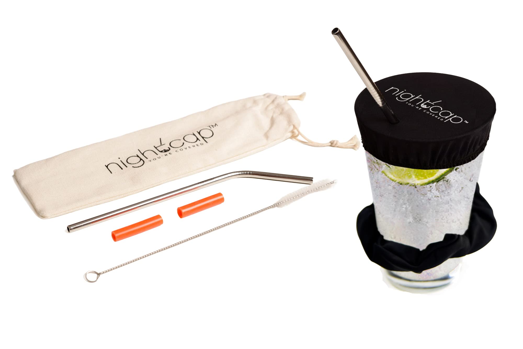 NightCap Drink Cover Scrunchie and Straw Kit Bundle - The Drink Spiking Prevention Scrunchie As Seen on Shark Tank with 2 Stainless Steel Straws, Straw Brush, 2 Silicone Tips, & Stylish Duvet Pouch
