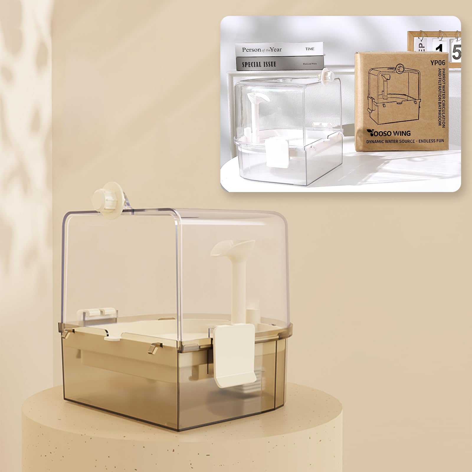 Automatic Bird Baths for Cage – Indoor Parakeet Bath with Pump, Bird Shower with 2 Modes Running Water, Bird Cage Accessory for Pet Birds Conure Budgies Cockatiels Lovebird (Light Brown)