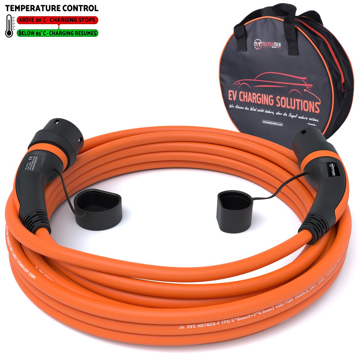 TEUTSCHTECH, cavo di ricarica tipo 2 per auto elettrica o PHEV | 22 kW | 3 fasi 32 A | Modalità 3 | 15 m | Tipo 2 a tipo 2 | Monitorato della temperatura | Ricarica sicura | Arancione