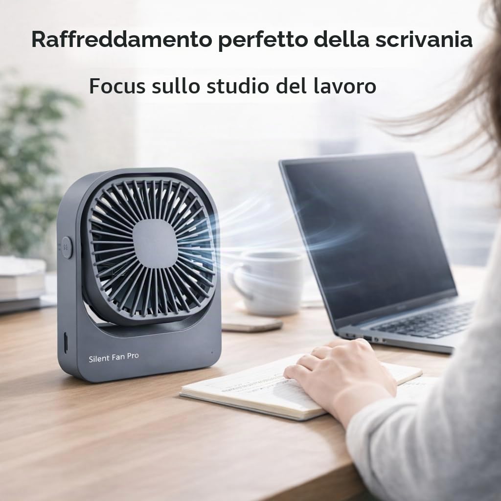 Ventilatore Silenzioso da Tavolo, 3 Impostazioni di Velocità, Unga Durata, Ventola di Raffreddamento Portatile per Uufficio, Casa, Dormitorio - F102 (Grigio-Senza fili)
