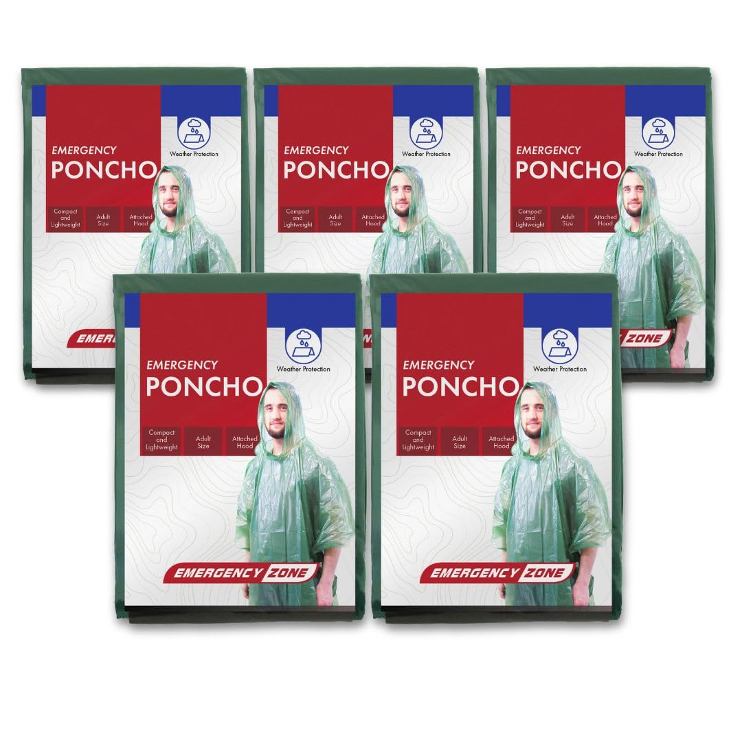 Emergency Zone Emergency Poncho, Emergency Rain Gear, Weather Protection. Disposable. Bulk Options Available. Green or Red. Pack of 1, 5, 10, or 200