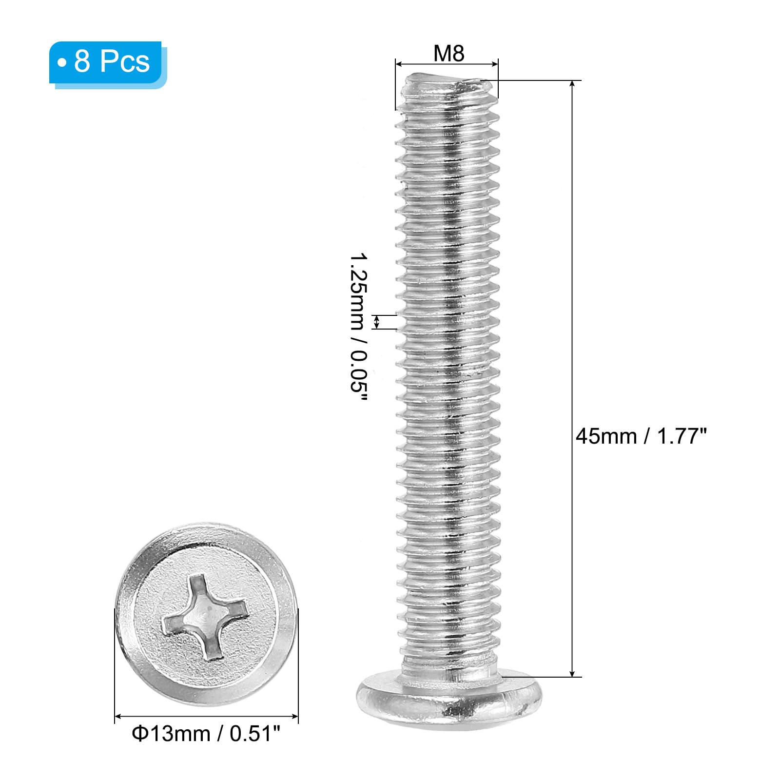 PATIKIL Flat Round Head Phillips Screws, 8 Pack M8-1.25 x 45mm Binding Screws 304 Stainless Steel 18-8 Full Thread - Image 2