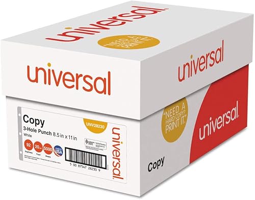 Universal Papel de copia 28230, brillo 92, 20lb, 8-12 x 11, perforador de 3 agujeros, blanco, 5000 shtsCtn