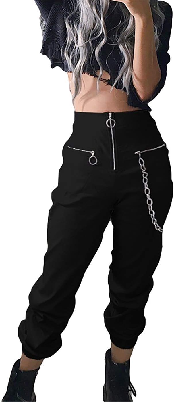 TSMNZMU Womens Gothic Pants Y2K Punk Zipper Trousers Grunge Alt Harajuku High Waist Pants Emo Hip-Hop Pants with Chain