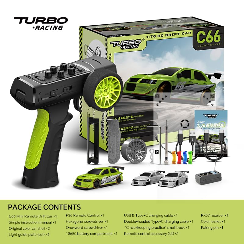 Image of Turbo Racing 1:76 Scale Drift RC Car, Mini Table Racing Model Car with 2.4G Remote Control & Gyro Full Proportional RTR for Adults Hobby Toys Gifts (C66-Green)