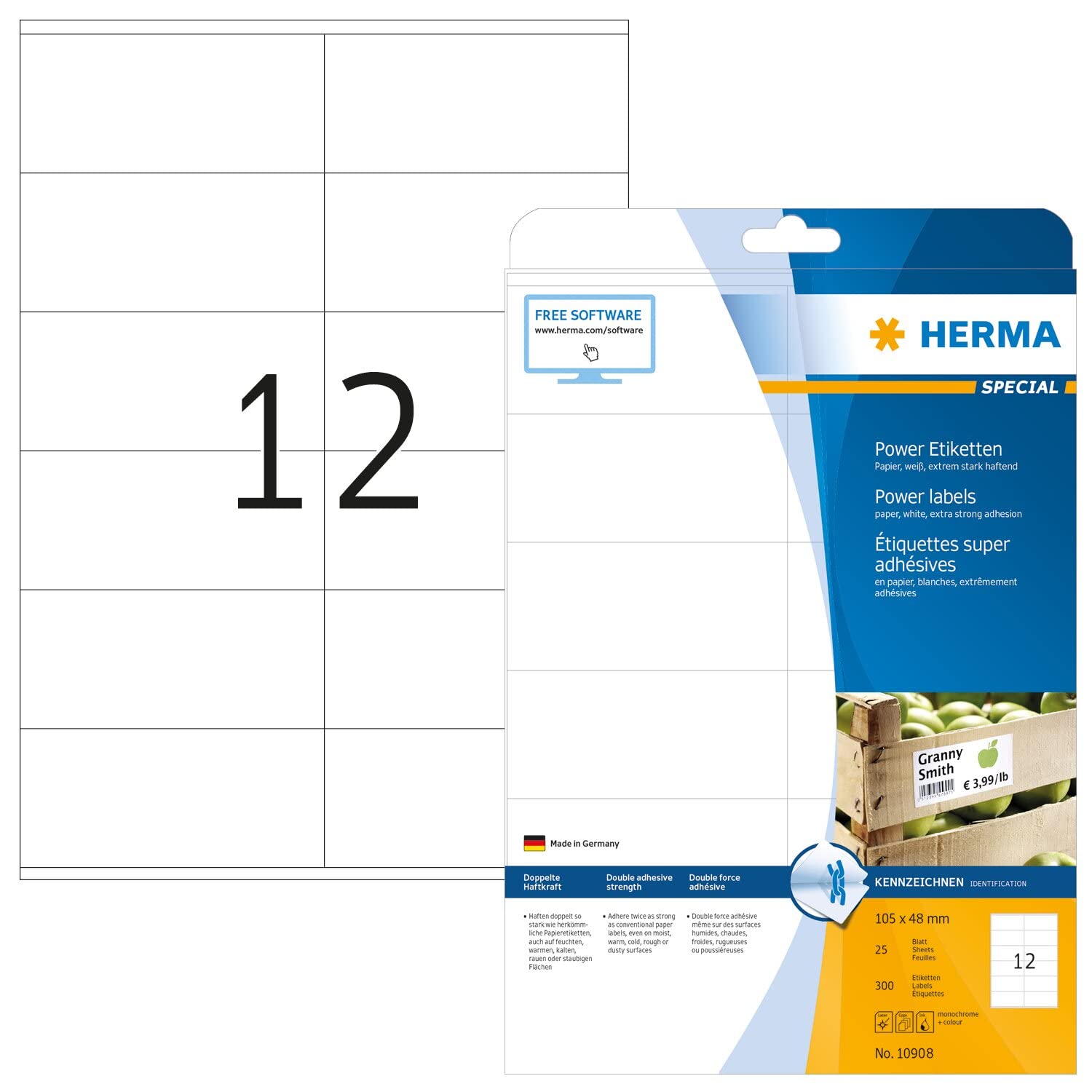 HERMA Power 10908 samoprzylepne etykiety A4 (105 x 48 mm, 800 arkuszy, papier matowy) do druku, wysoce samoprzylepne, 9600 białych etykiet samoprzylepnych