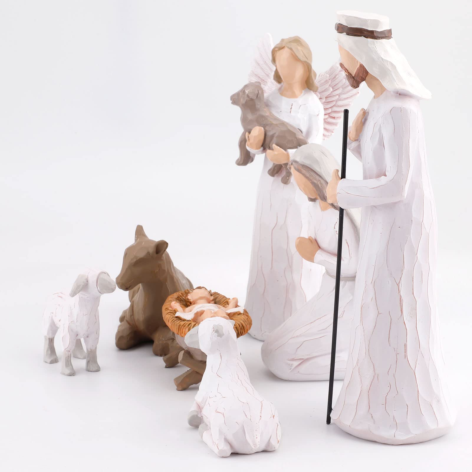 Krippenfiguren Set, Handbemalte Krippenfiguren, 7 Krippe Handbemalte Harzfiguren, JesusBaby, Maria, Josef, Esel, Engel und Zwei Schafe, Weihnachtsdeko Geschenke