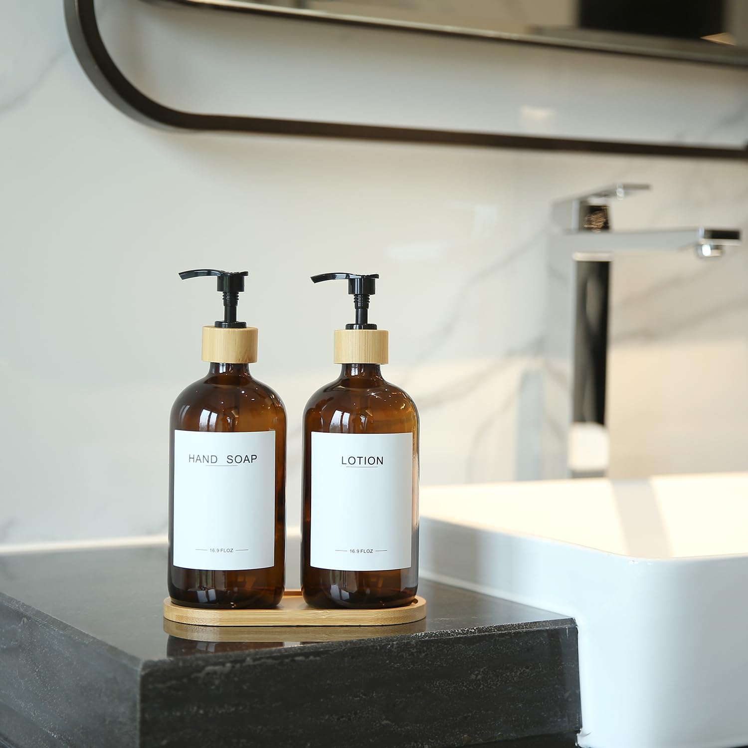 Amber Glass Soap Dispenser with Bamboo Pumps&Tray&Labels, Hand Dispenser, Lotion Dispenser, Dish Soap Dispenser for Kitchen Sink. (Amber) - Image 6