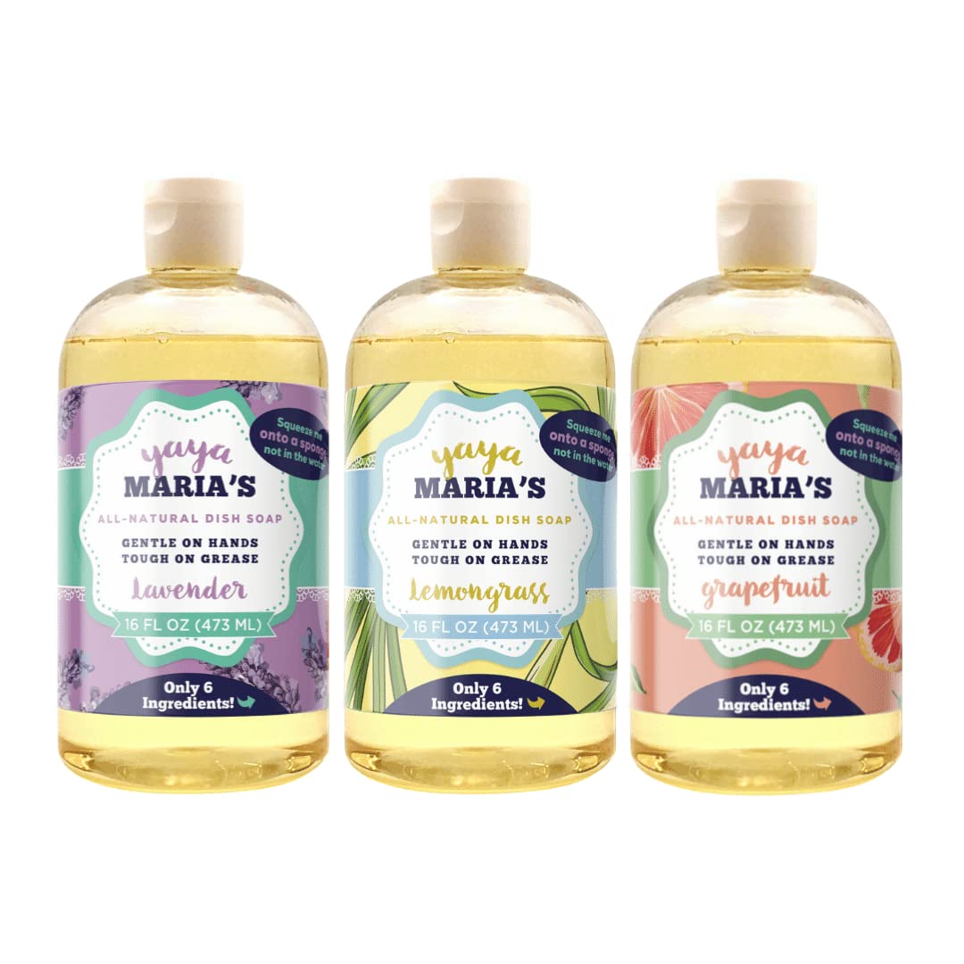 Yaya Maria's Natural Liquid Dish Soap, Only 6 Ingredients, 100% Nontoxic, Compare to Any Other Dish Soap, 3-Pack (Variety Mix)