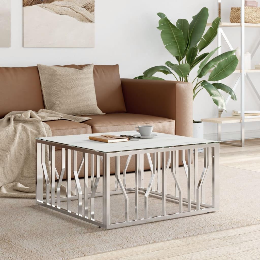 Table basse moderne acier inoxydable argenté et plateau en verre effet marbre blanc haut de gamme