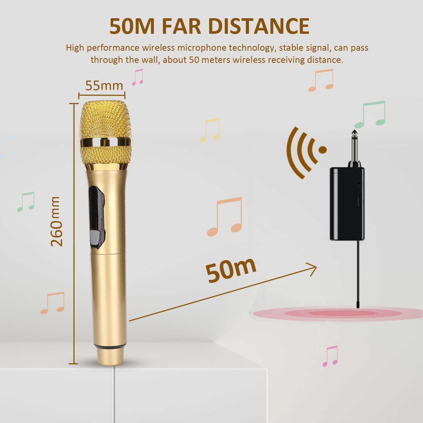 Yunseity Microfono Wireless, Microfono Dinamico Portatile per Karaoke con Schermo a LED, Microfonico Portatile con Ricevitore, per Casa, Feste, Canto, All'aperto(Oro)