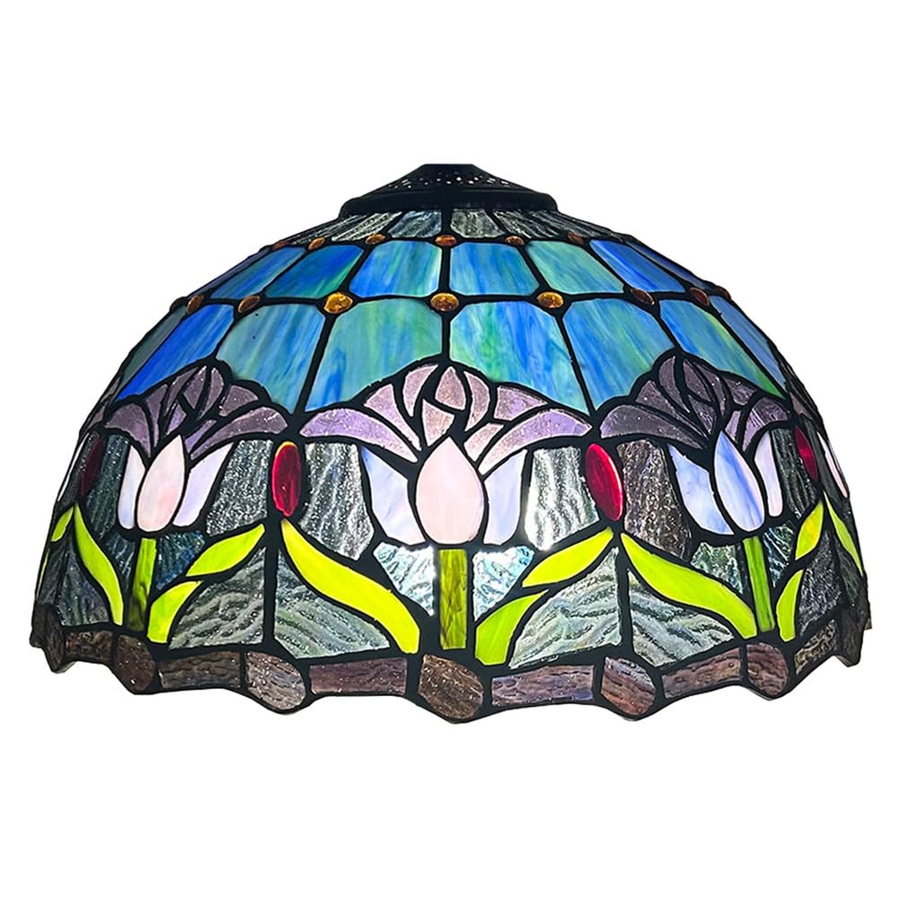 SaryEdge Large Tiffany Lampshade Replacement Only Colored Glass Lampshades 16 Inches Suitable for Desk Lamps Floor Lamps Pendant Lamps Home and Office Table Decoration,Beige Baroque，Bl，Blue Tulip